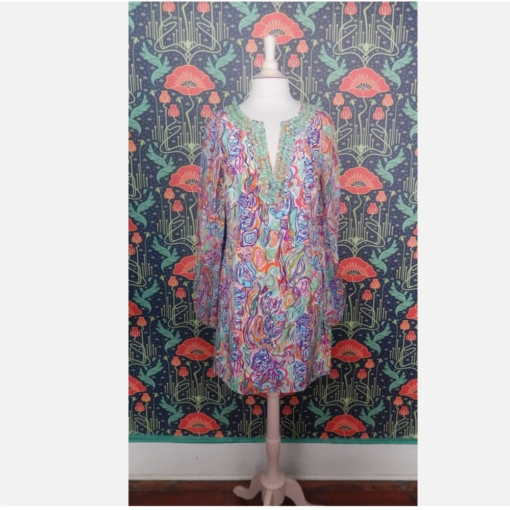 Lilly Pulitzer Saemus Beaded Neckline Silk Tunic Dress 6